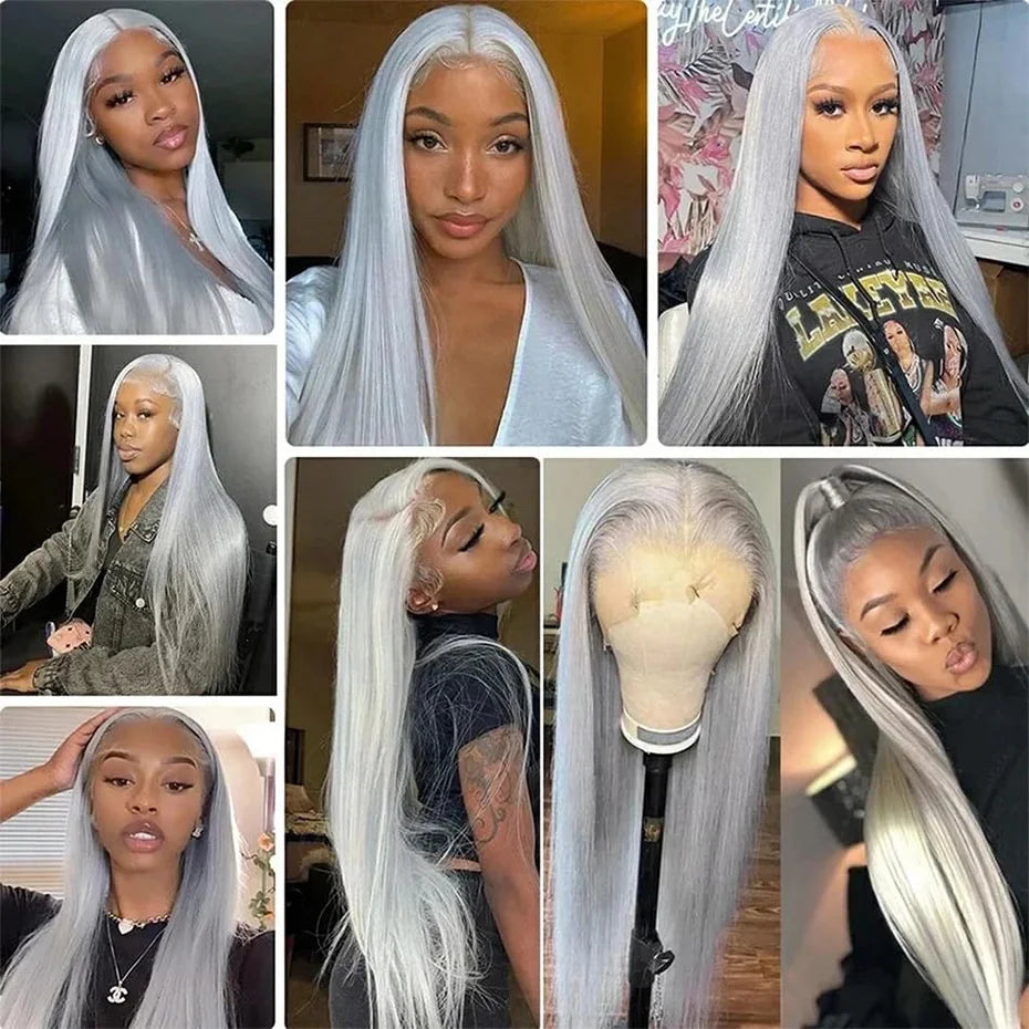 Silver Grey Straight Wigs Human Hair Brazilian 13x6 HD Lace Frontal Colored 613 Wigs Pre Plucked With Baby Hairline 200% Density Hairsoboom Store Store no.: 1103586186