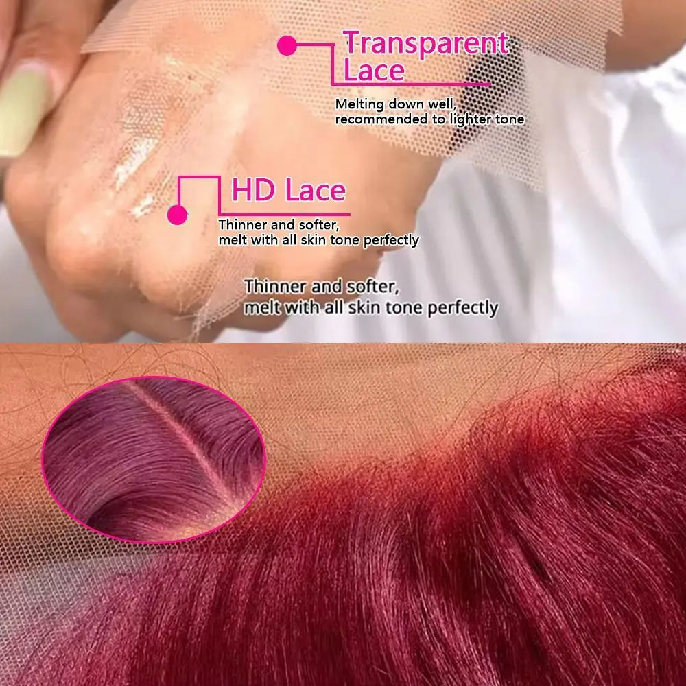 99J Burgundy 13x6 HD Transparent Lace Frontal Human Hair Wig Straight wig 13x6 Lace Front Human Hair Wig For Women 200 Density HairStar Wigs