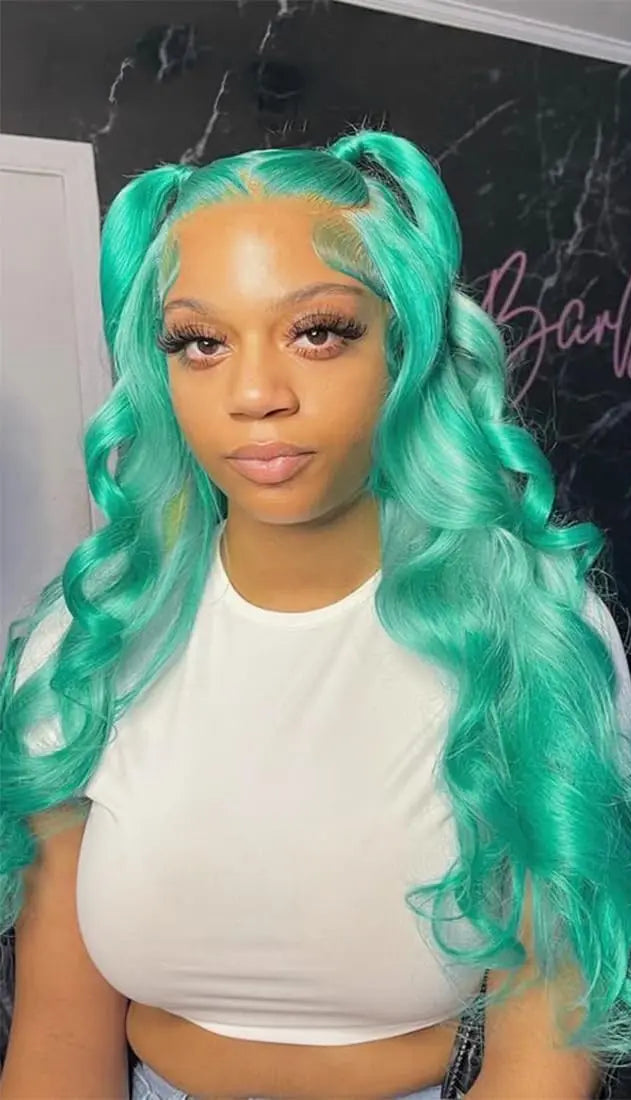 Mint Green Brazilian Human Hair Wig 13X6 HD Transparent Lace Front Pre Plucked 180 250 Density Body Wave 28 Inch Wigs For Women XINXIYA WIG US Store Store ID 1103576649