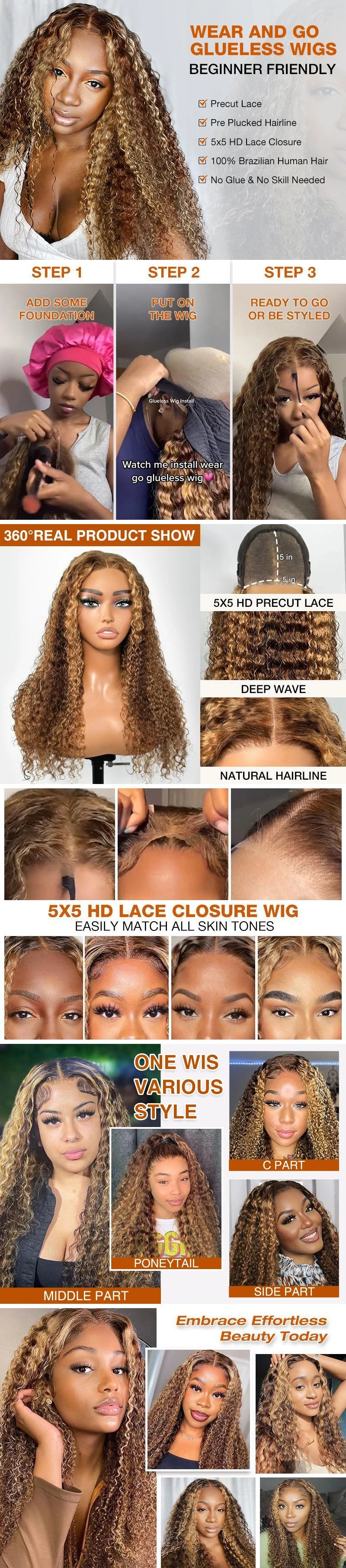 Glueless Wigs Deep Wave Honey Blonde 100% Human Hair Pre Cut Highlight Wear and Go Curly Wigs for Women Ombre HD Lace Front Wig Inksoda Hair Store 1104801055