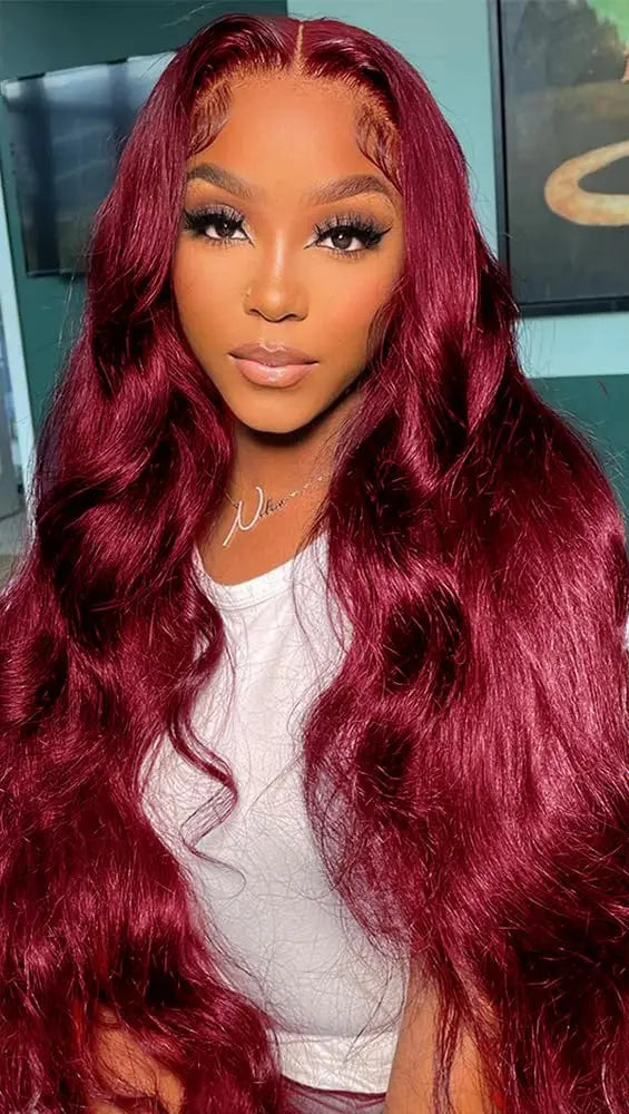 99J Burgundy Lace Frontal Wig 13x6 Body Wave Lace Front Wig13x4 HD Transparent Lace Frontal Wig Human Hair wig 99j Red Color Super Wigs US Store Store ID 1104270951