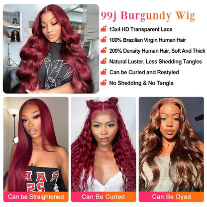 180% Density 99J Burgundy 13x4 13X6 Body Wave Lace Front Wigs 100% Human Hair 34 Inch Red Colored Lace Frontal Wig for Women HairStar Wigs