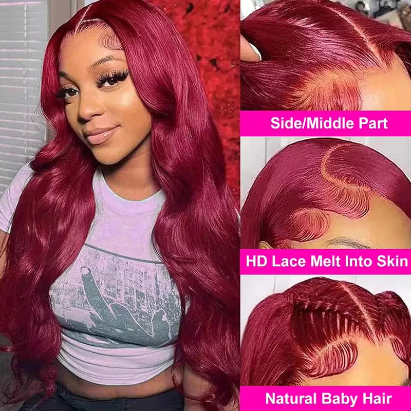 180% Density 99J Burgundy 13x4 13X6 Body Wave Lace Front Wigs 100% Human Hair 34 Inch Red Colored Lace Frontal Wig for Women HairStar Wigs