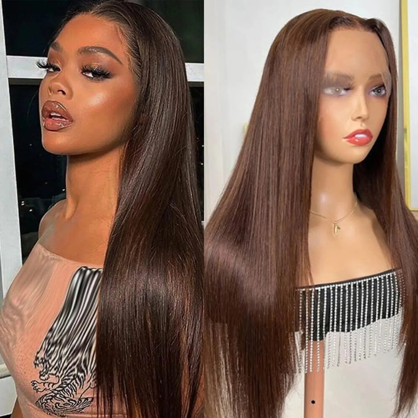 Model wearing chocolate brown straight wig 4x4 HD lace Brazilian hair with sleek texture and natural part