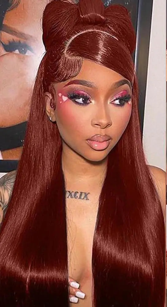 Model wearing HD reddish brown straight wig with 13x4 lace front