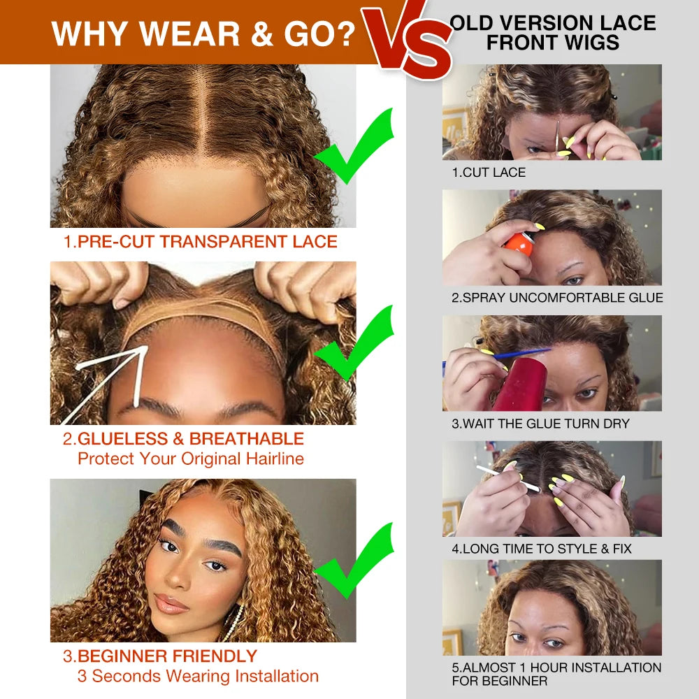 Glueless Wigs Deep Wave Honey Blonde 100% Human Hair Pre Cut Highlight Wear and Go Curly Wigs for Women Ombre HD Lace Front Wig Inksoda Hair Store 1104801055