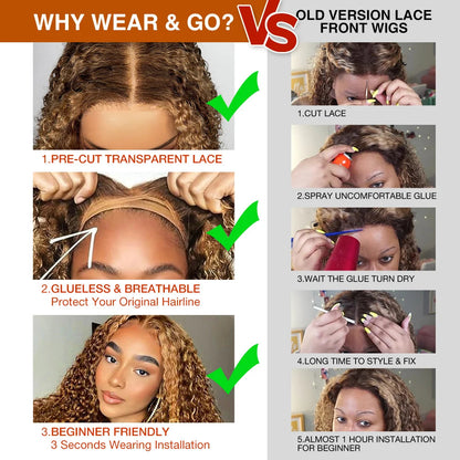 Glueless Wigs Deep Wave Honey Blonde 100% Human Hair Pre Cut Highlight Wear and Go Curly Wigs for Women Ombre HD Lace Front Wig Inksoda Hair Store 1104801055