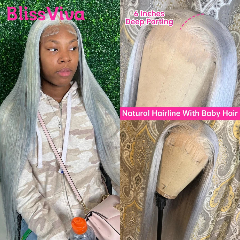 Ash Grey 13x6 360 Lace Frontal Wig Straight 30 Inch Lace Front Wig Human Hair Pre Plucked Silver Gray Lace Front Wigs Human Hair BlissViva Hair Store 1103372311