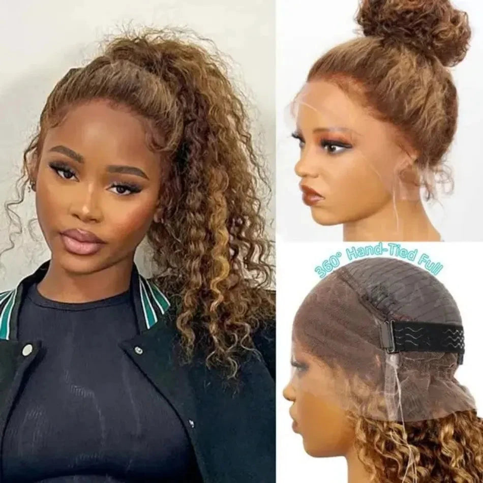 360 Full Lace Wig 427 Highlight Wig Human Hair Deep Wave Frontal Wig Honey Blonde 13X4 Curls Wigs Lace Front Frontal 250 Density SIXQUEEN Wig Store Store ID 1104602052