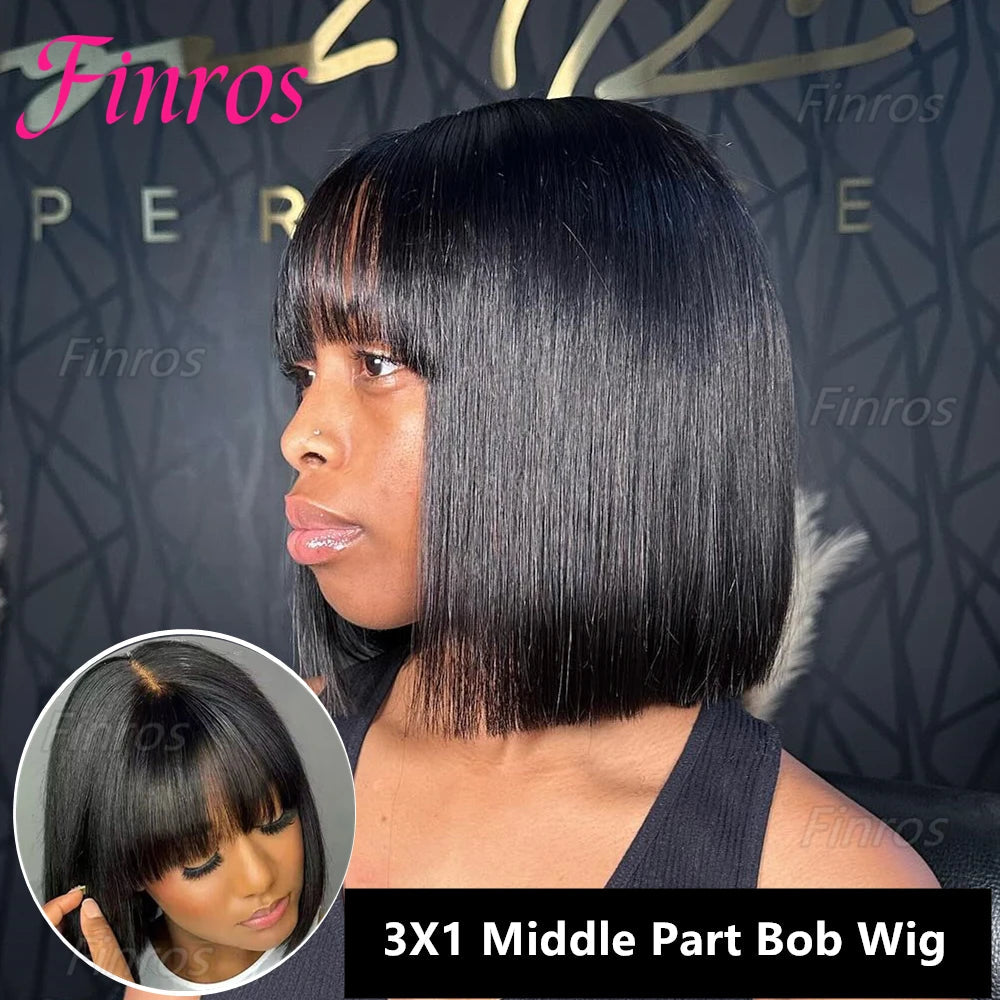 Cheap Straight Short Bob Wigs Human Hair With Bangs Brazilian Remy 3x1 Lace Middle Part Bob Wig for Women Full Machine Made Wig Finros Wig Store 1103412007