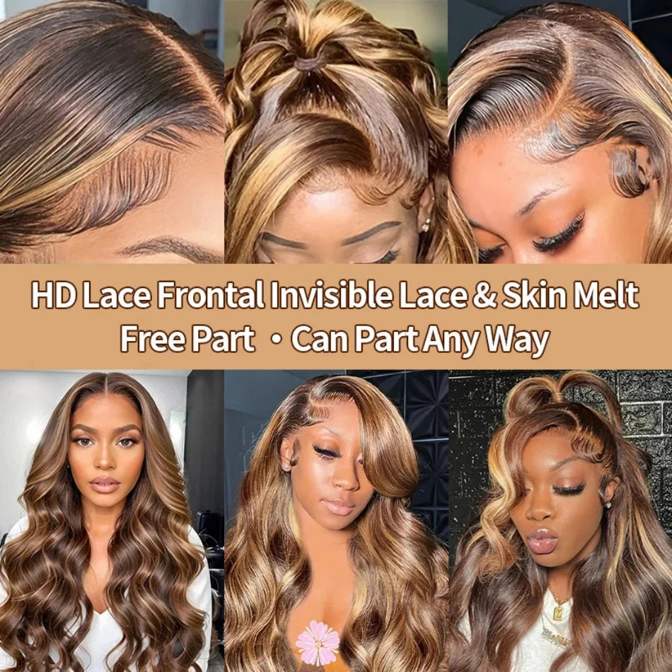 Body Wave Highlight Wigs Human Hair 13x6 hd Omber Lace Front Human Hair Pre Plucked Wig P4/27 Blonde and Brown Colored Wig 100% Lowell Lace Wig Store 1105062522