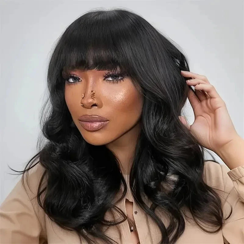 Chic Body Wave Bob Wigs With Bangs Human Hair Wigs 180% Density Glueless Full Machine Made Peruvian Remy None Lace Fringe Wig Wig Queen US Store Store ID 1103587128
