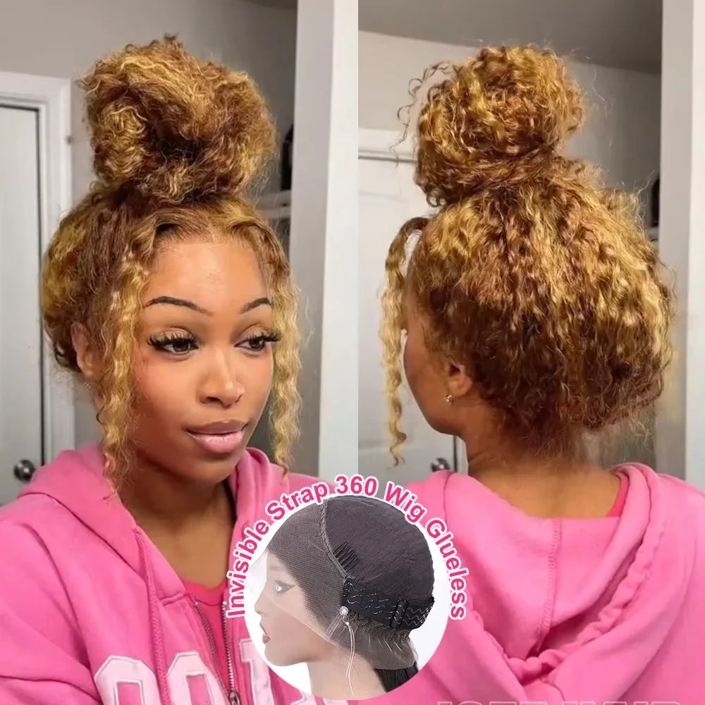 Curly Highlight Wig Human Hair HD Invisi-Strap 360 Full Lace Wig Pre Plucked 13x4 13x6  Deep Wave Lace Frontal Wigs For Women Finros Wig Store 1103412007