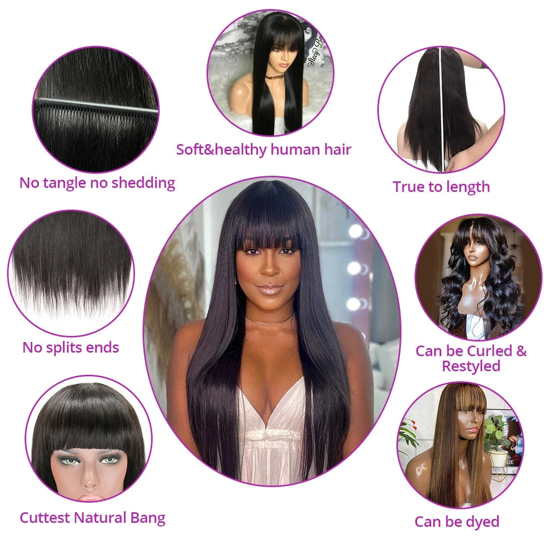 3x1 Middle Part Lace Wig Straight Human Hair Wig With Bangs 100% Human Hair Wigs For Women Brazilian Full Machine Made Wig Finros Wig Store 1103412007