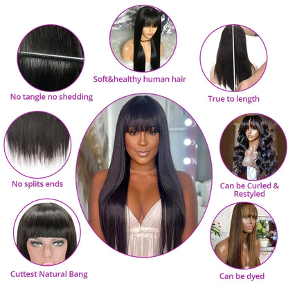 3x1 Middle Part Lace Wig Straight Human Hair Wig With Bangs 100% Human Hair Wigs For Women Brazilian Full Machine Made Wig Finros Wig Store 1103412007