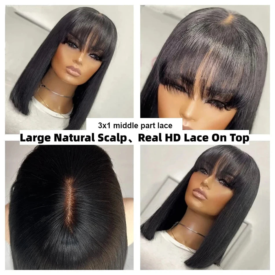 Wiggogo 3X1 Middle Part Lace Wig Bob Wigs Full Machine Made Bone Straight Human Hair Wigs With Bangs Short Bob Human Hair Wigs Wiggogo US Store Store ID 1103570610