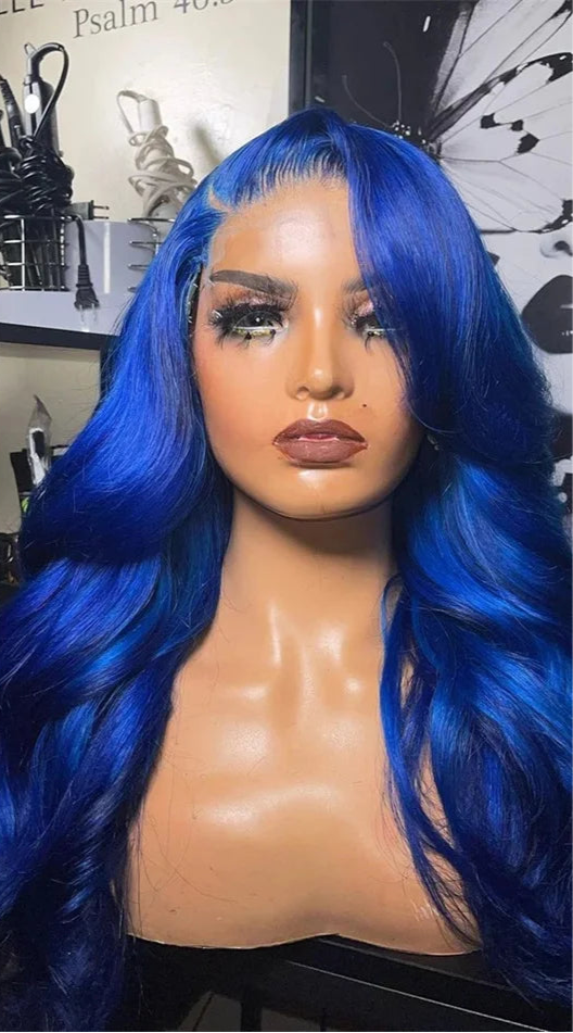 Dark Blue 13x4 HD Lace Front Human Hair Wigs For Women Pre Plucked Blue Body Wave Transparent Lace Frontal Wigs 100% Human Hair Qiwig Us Store Store ID 1104304813