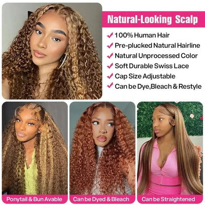 360 Full Lace Wig 427 Highlight Wig Human Hair Deep Wave Frontal Wig Honey Blonde 13X4 Curls Wigs Lace Front Frontal 250 Density SIXQUEEN Wig Store Store ID 1104602052