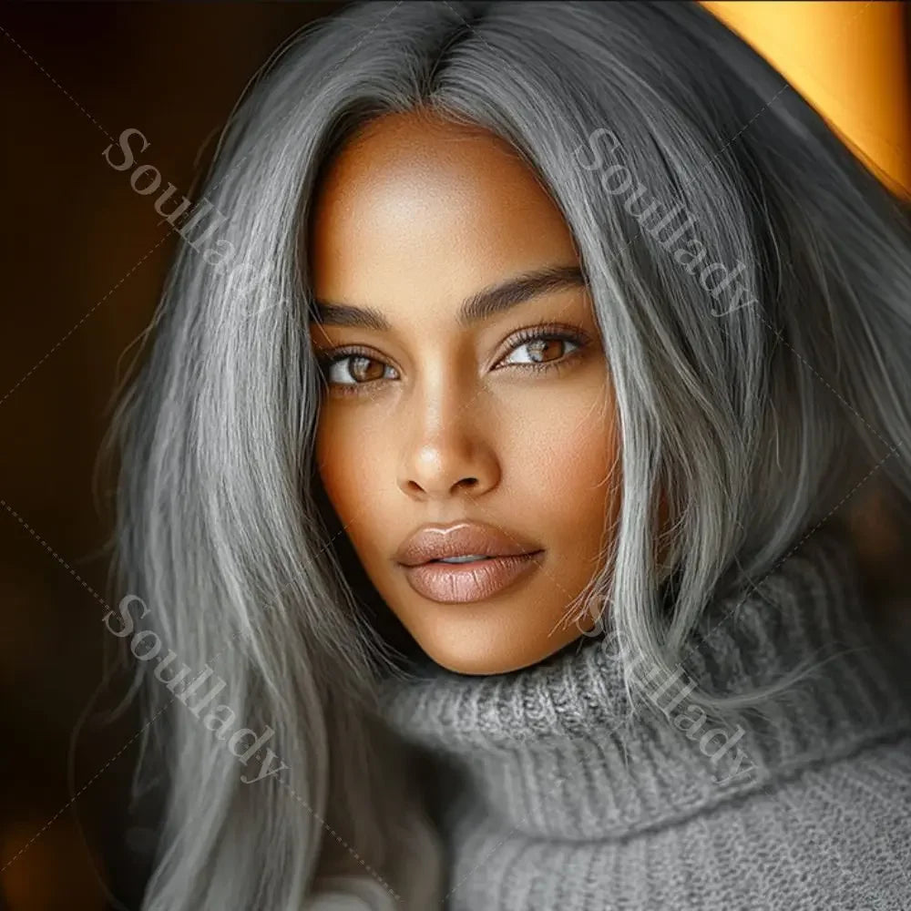 WIG QUEEN Silver Luxe Gray HD 13x4.5 Lace Frontal Wigs Straight Real Human Hair Wigs Salt And Pepper Front Wig For Mature Women Wig Queen US Store Store ID 1103587128