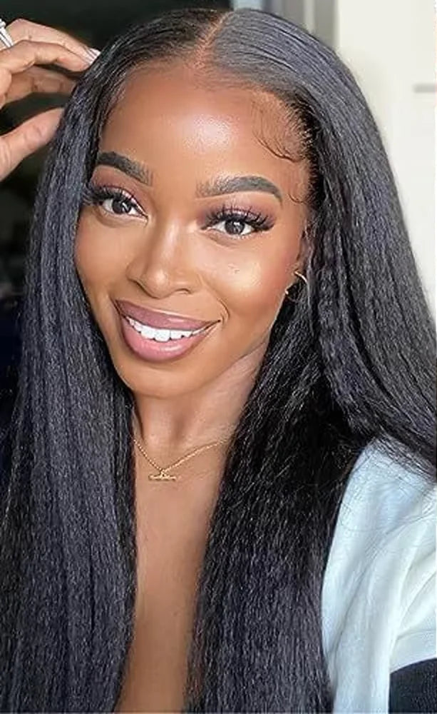 Model wearing 360 HD lace kinky straight human hair wig with natural finish and full texture