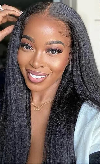 Model wearing 360 HD lace kinky straight human hair wig with natural finish and full texture