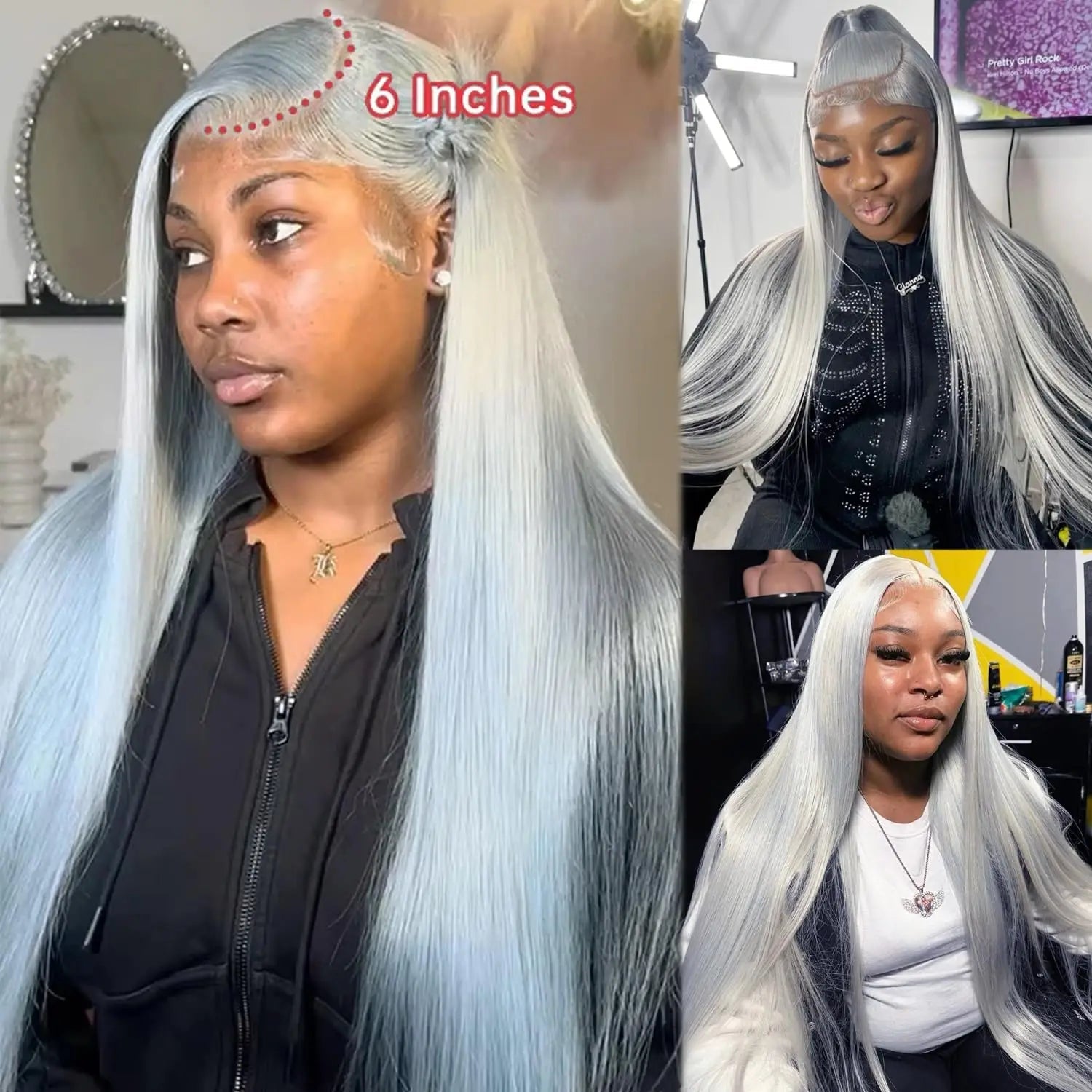38 Inche Silver Grey Straight Lace Front Wig 100% Human Hair 613 Colored HD Transparent 13x6 Lace Frontal Wigs Cosplay Pre Pluck Fiquetel US Store Store ID 1104072973