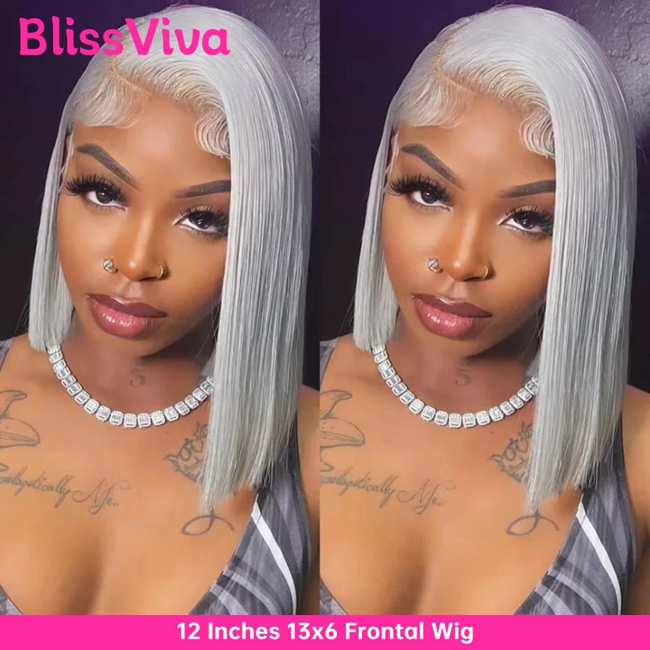 13x6 Short Bob Wigs Silver Grey Lace Front Wigs Human Hair Pre Plucked Ash Gray Blonde 613 Lace Frontal Wig Human Hair Bob Wig BlissViva Hair Store 1103372311