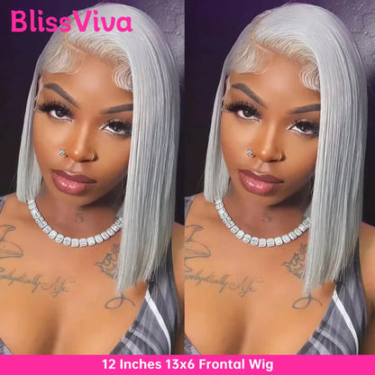 13x6 Short Bob Wigs Silver Grey Lace Front Wigs Human Hair Pre Plucked Ash Gray Blonde 613 Lace Frontal Wig Human Hair Bob Wig BlissViva Hair Store 1103372311