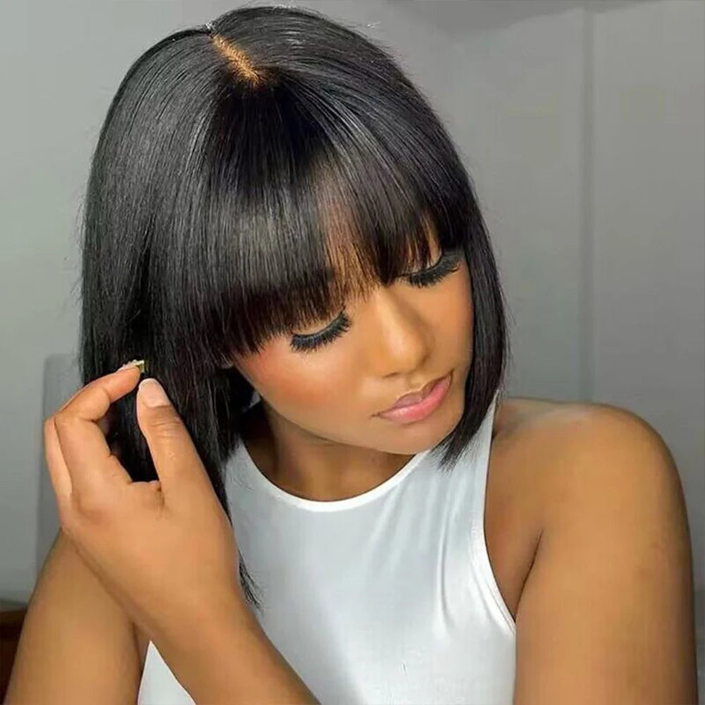 Cheap Straight Short Bob Wigs Human Hair With Bangs Brazilian Remy 3x1 Lace Middle Part Bob Wig for Women Full Machine Made Wig Finros Wig Store 1103412007