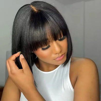 Cheap Straight Short Bob Wigs Human Hair With Bangs Brazilian Remy 3x1 Lace Middle Part Bob Wig for Women Full Machine Made Wig Finros Wig Store 1103412007
