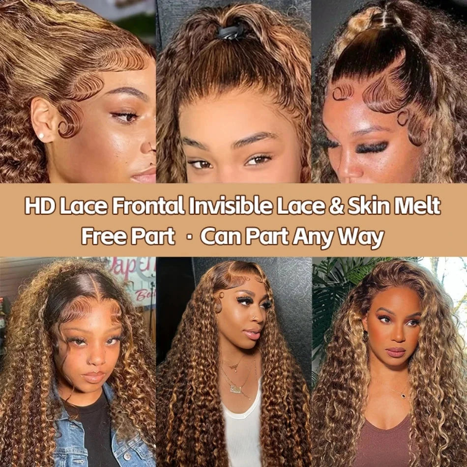200 High Density Deep Wave Highlight 13x4 13x6 HD Lace Frontal Water Wave Wig Brazilian 100% Colored P4/27 Curly Human Hair Wigs Lowell Lace Wig Store 1105062522