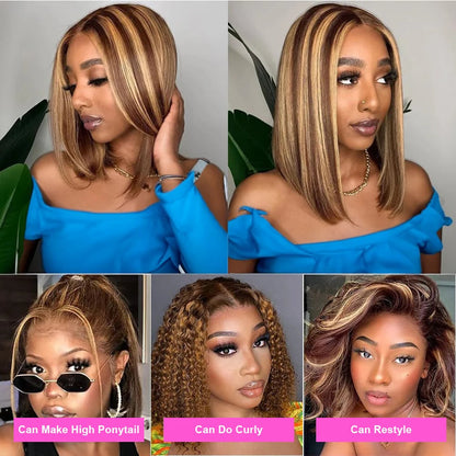 Highlight Wear Go Glueless Human Hair Straight Short Bob Wig P4/27 Colored 7x5 13x4 HD Lace Frontal Glueless Wigs Ready to Wear Store name Classyhair Store Store ID 1103578707