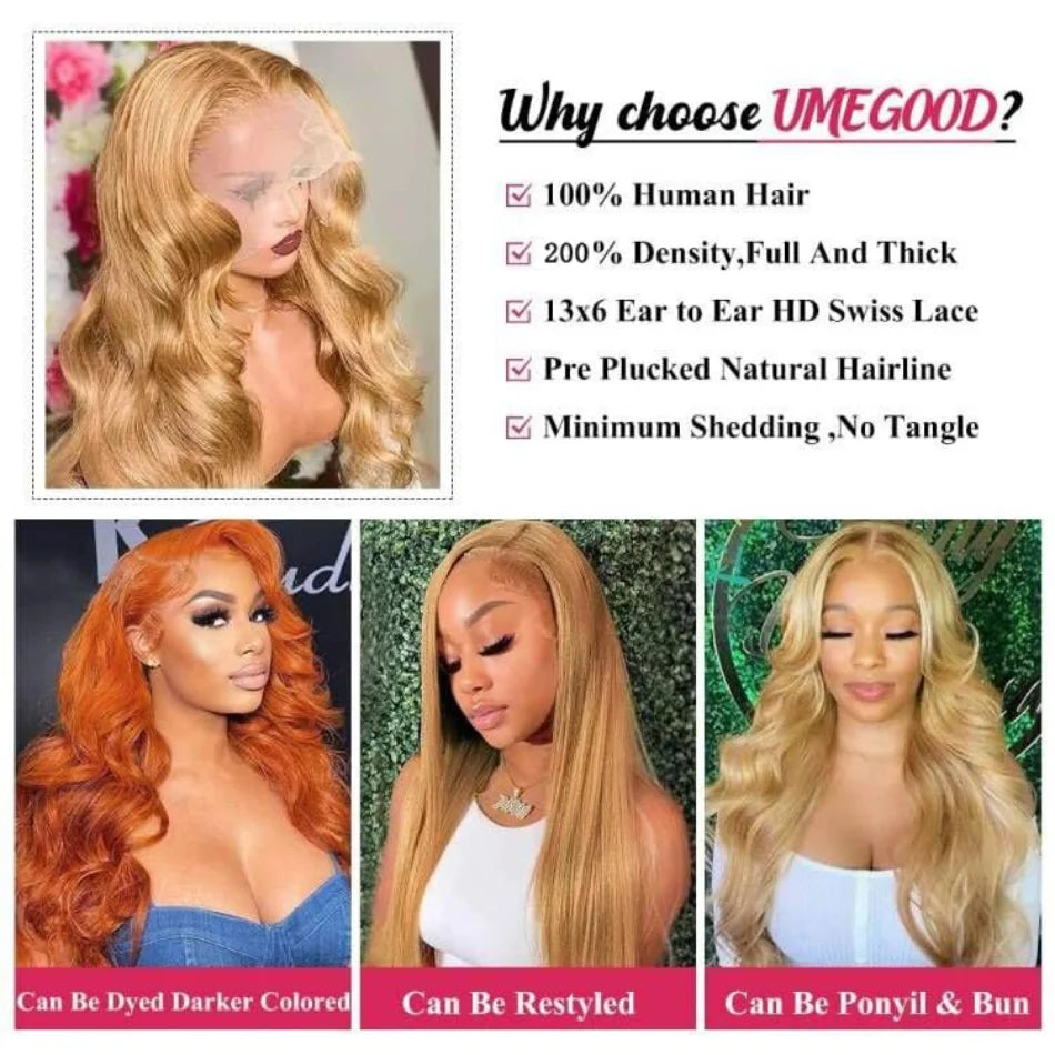 #27 Honey Blonde Wig Human Hair 100% Brazilian Body Wave Lace Front Wigs 13X6 Hd Lace Frontal Wig 250 Density Preplucked 30 Inch SIXQUEEN Wig Store Store ID 1104602052