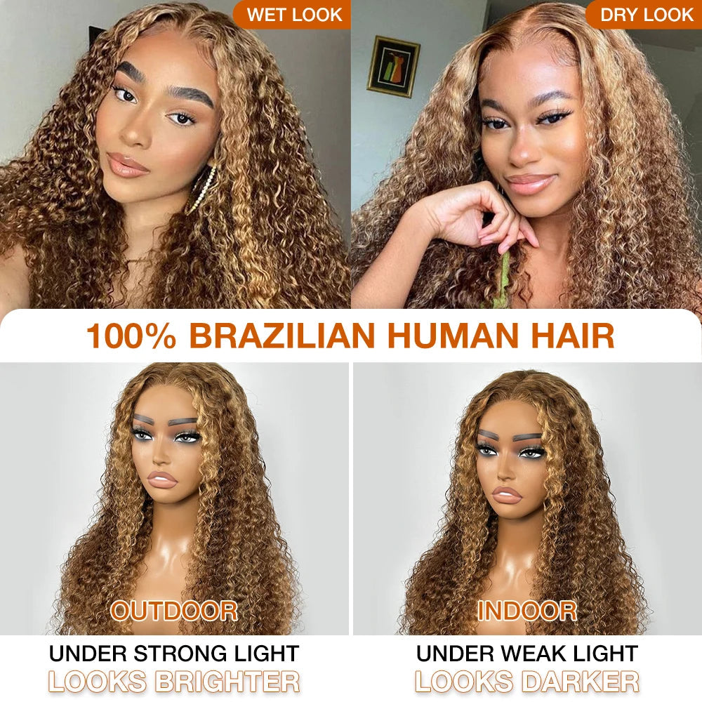 Glueless Wigs Deep Wave Honey Blonde 100% Human Hair Pre Cut Highlight Wear and Go Curly Wigs for Women Ombre HD Lace Front Wig Inksoda Hair Store 1104801055