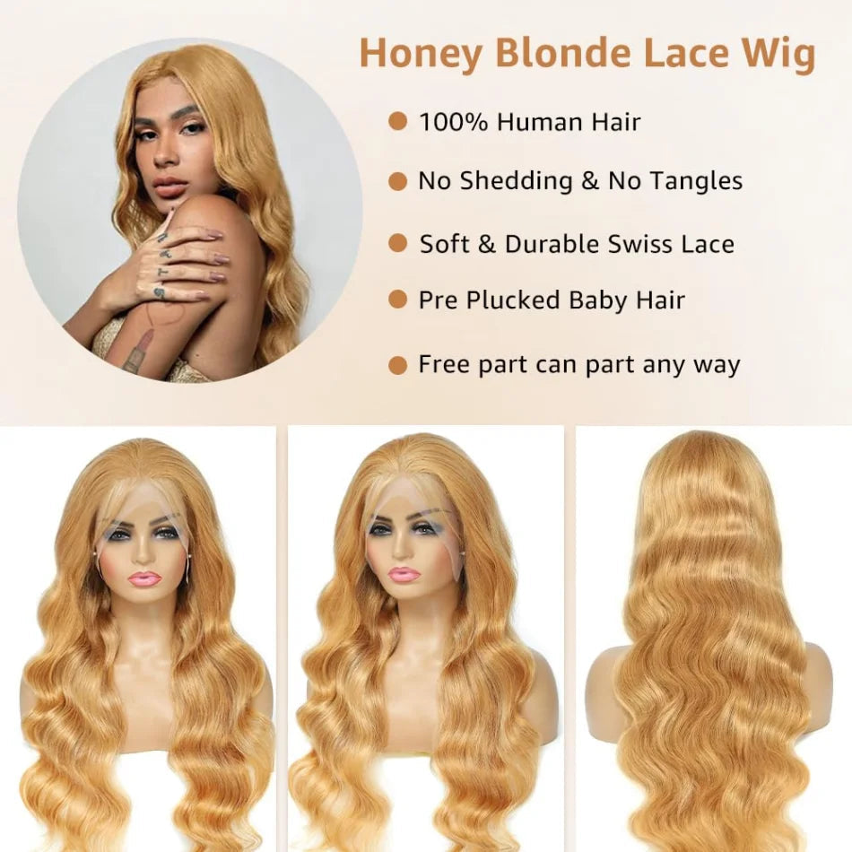#27 Honey Blonde Wig Human Hair 100% Brazilian Body Wave Lace Front Wigs 13X6 Hd Lace Frontal Wig 250 Density Preplucked 30 Inch SIXQUEEN Wig Store Store ID 1104602052
