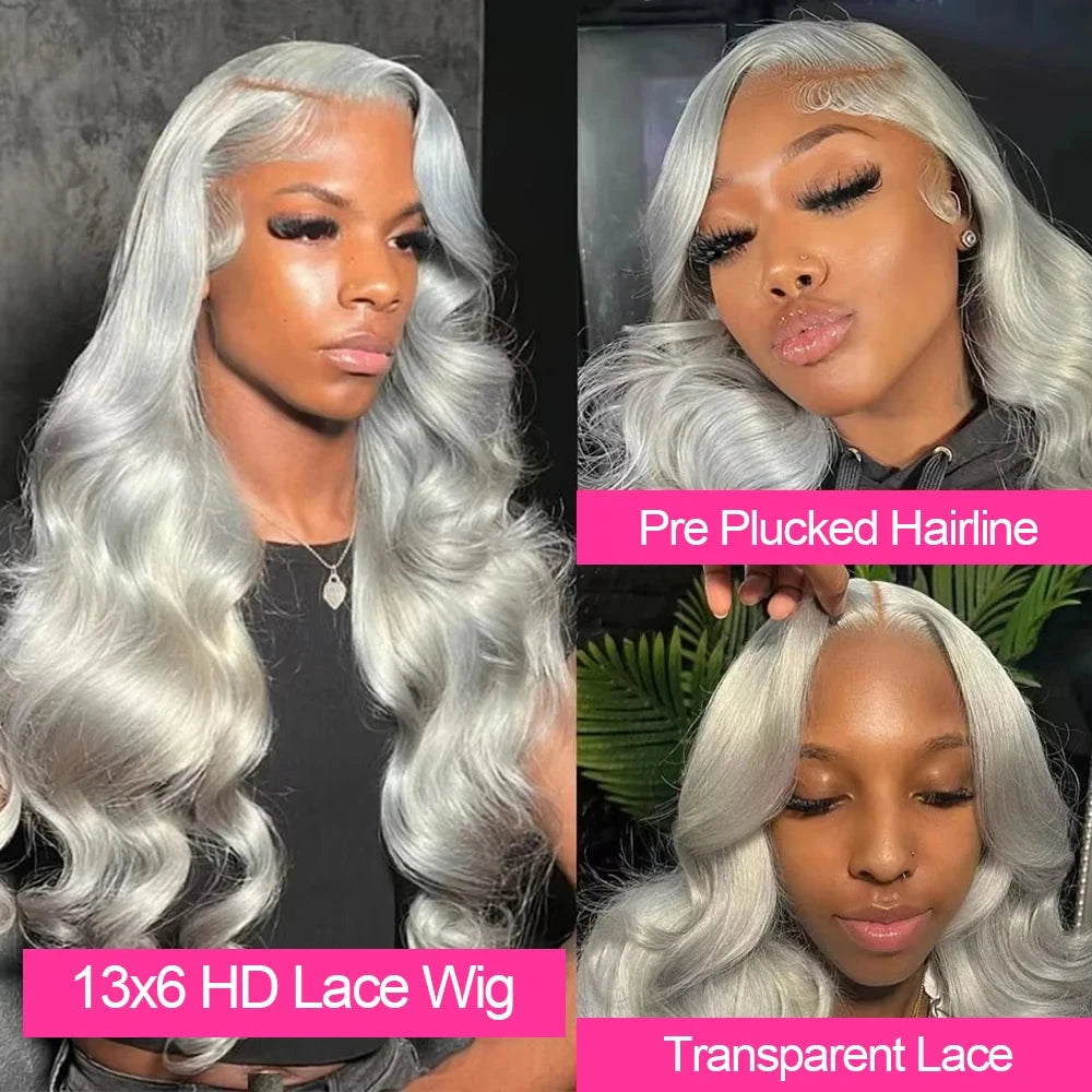 13x6 Silver Grey Colored Lace Front Wigs For Women 613 Blonde Body Wave Lace Frontal Human Hair Wig Pre Plucked Highlight Ombre CEXXY Hair Oversea Store Store ID 1103580741