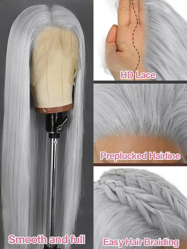 Silver Grey Straight Wigs Human Hair Vietnamese 220% Density 13x6 HD Lace Frontal Colored Wig 38 Pre Plucked With Baby Hairline Line Hair Oversea Store Store ID 1103579756