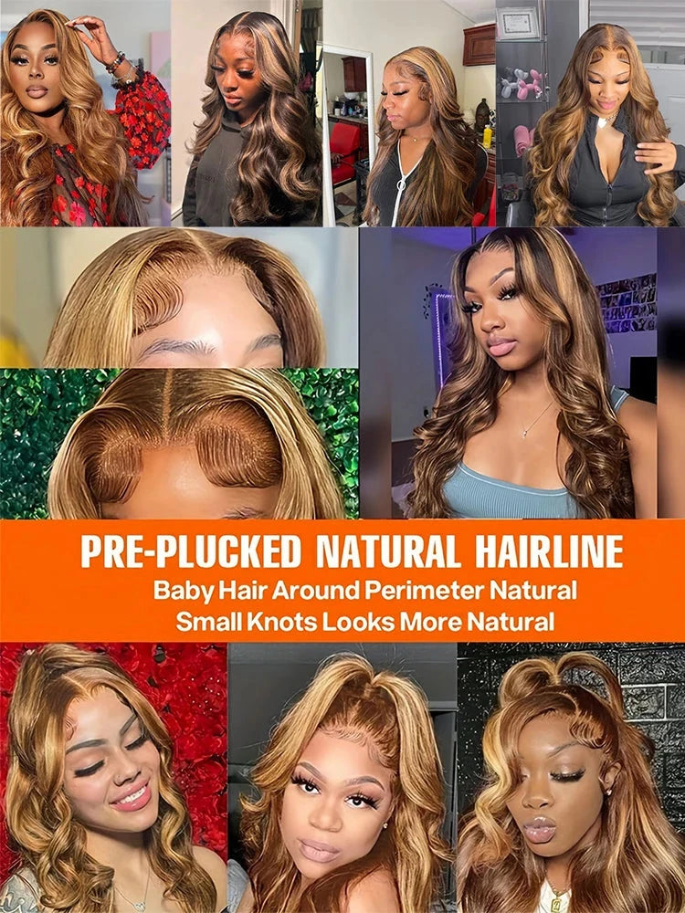 Body Wave Highlight Wigs Human Hair 13x6 hd Omber Lace Front Human Hair Pre Plucked Wig P4/27 Blonde and Brown Colored Wig 100% Lowell Lace Wig Store 1105062522