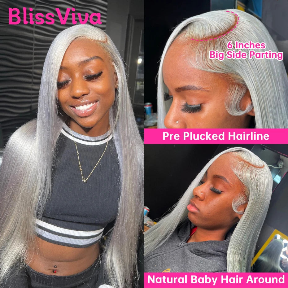 Ash Grey 13x6 360 Lace Frontal Wig Straight 30 Inch Lace Front Wig Human Hair Pre Plucked Silver Gray Lace Front Wigs Human Hair BlissViva Hair Store 1103372311