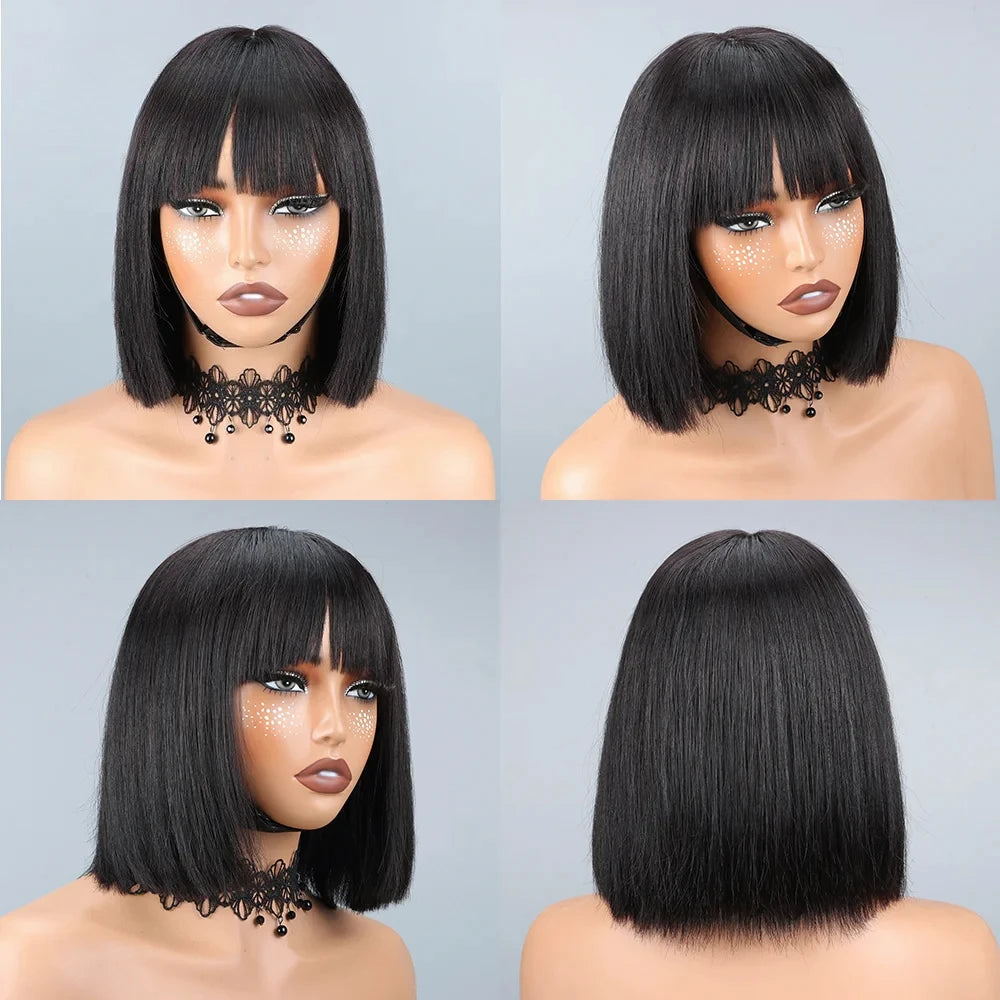Straight Human Hair Wigs With Bangs Fringe Middle Part Bob Lace Wigs Realistic Scalp Brazilian Straight Bob Lace Wigs With Bangs HairStar Wigs