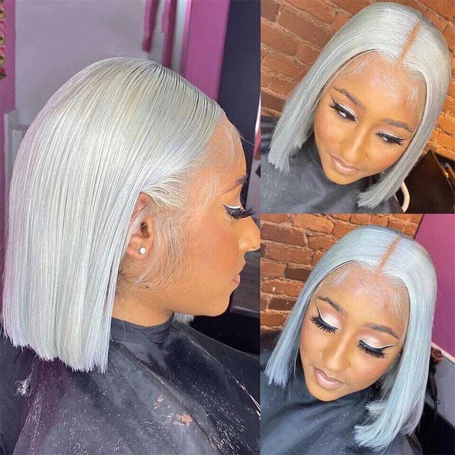 6-16 inch Short Bob Wig Human Hair 13x6 Transparent Lace Front Wig Preplucked Sliver Grey Colored Human Hair Wigs Bleached Knots Verochic Store 1104704776