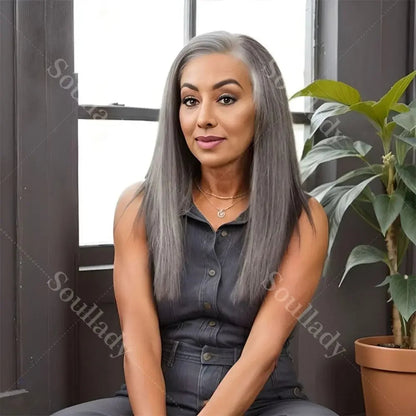 WIG QUEEN Silver Luxe Gray HD 13x4.5 Lace Frontal Wigs Straight Real Human Hair Wigs Salt And Pepper Front Wig For Mature Women Wig Queen US Store Store ID 1103587128