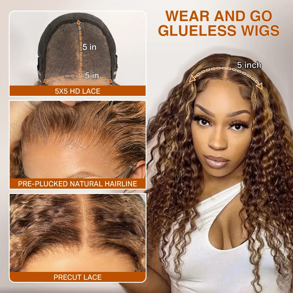 Glueless Wigs Deep Wave Honey Blonde 100% Human Hair Pre Cut Highlight Wear and Go Curly Wigs for Women Ombre HD Lace Front Wig Inksoda Hair Store 1104801055