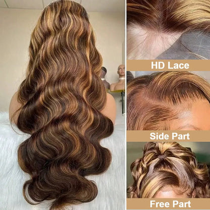 30 Inch Honey Blonde Ombre Lace Front Wig Human Hair 13x4 HD Lace Front Wig 4/27 Highlight Ombre Body Wave Lace Frontal Glueless HairStar Wigs