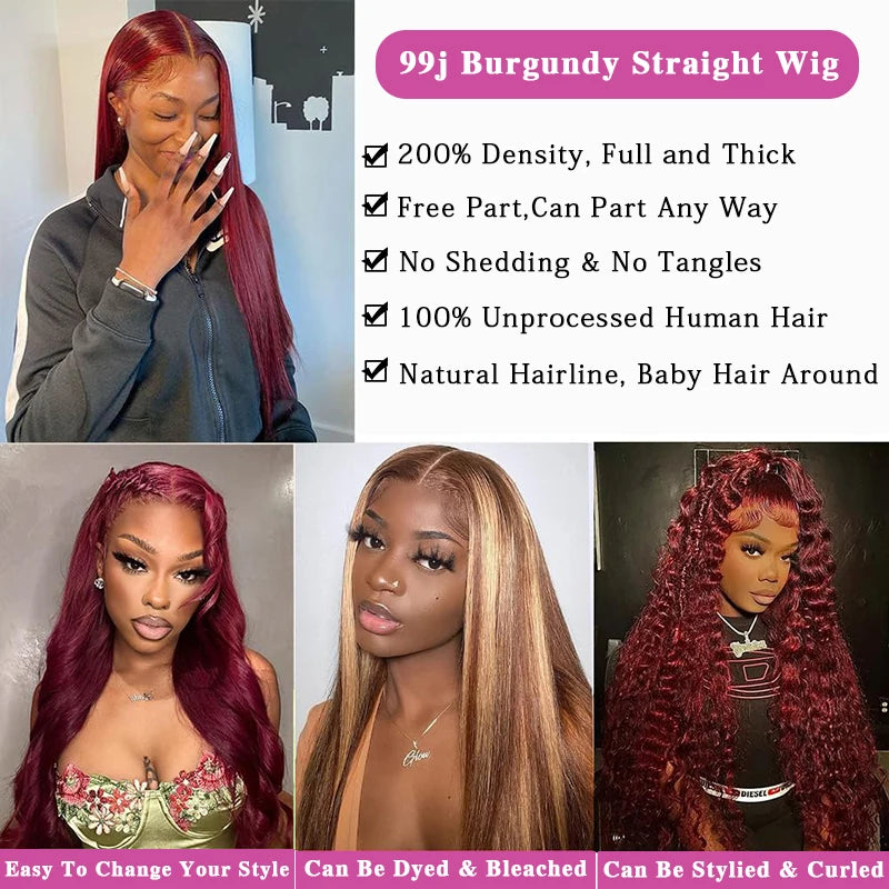 99j Burgundy Bone Straight Lace Front Human Hair Wig 36 Inch 13x6 Pre Plucked Premium Red Straight Lace Frontal Human Hair Wig Sierde Hair Store Store ID 1104033622