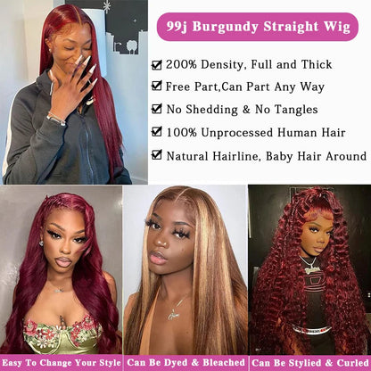 99j Burgundy Bone Straight Lace Front Human Hair Wig 36 Inch 13x6 Pre Plucked Premium Red Straight Lace Frontal Human Hair Wig Sierde Hair Store Store ID 1104033622