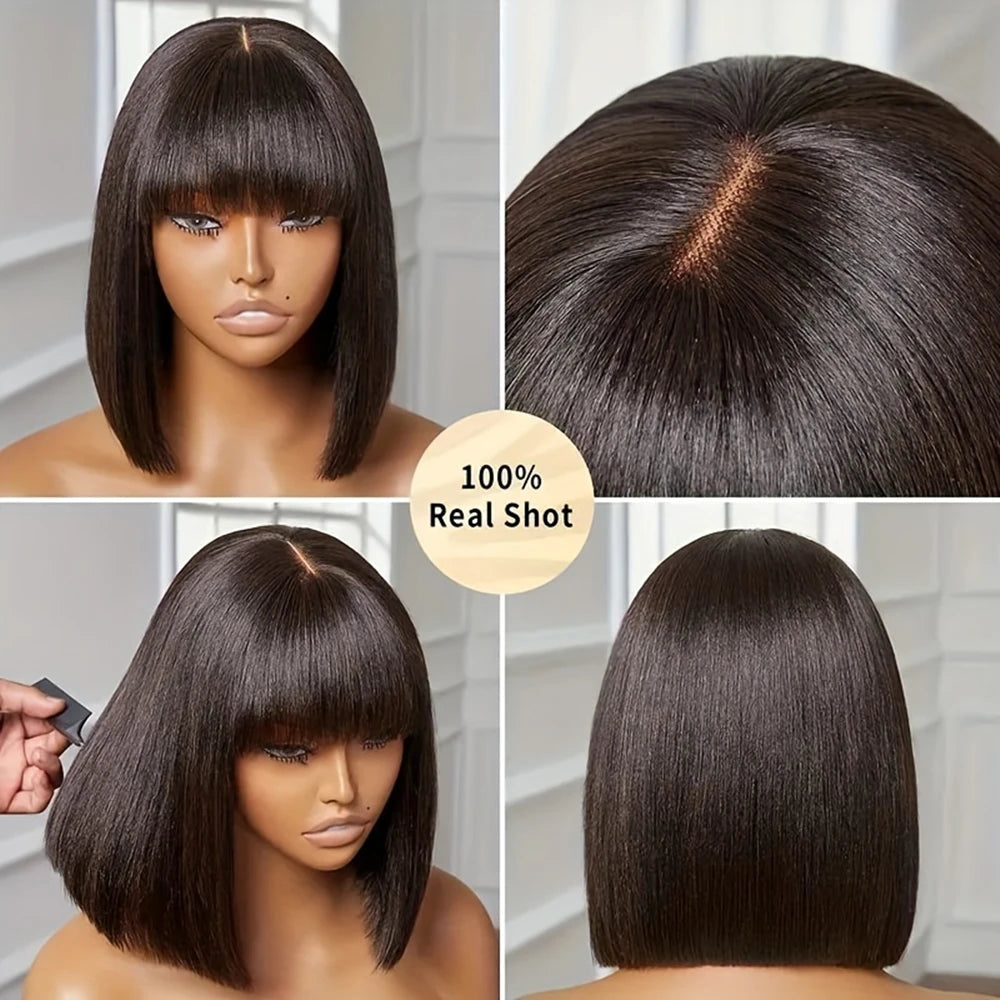 Cheap Straight Short Bob Wigs Human Hair With Bangs Brazilian Remy 3x1 Lace Middle Part Bob Wig for Women Full Machine Made Wig Finros Wig Store 1103412007