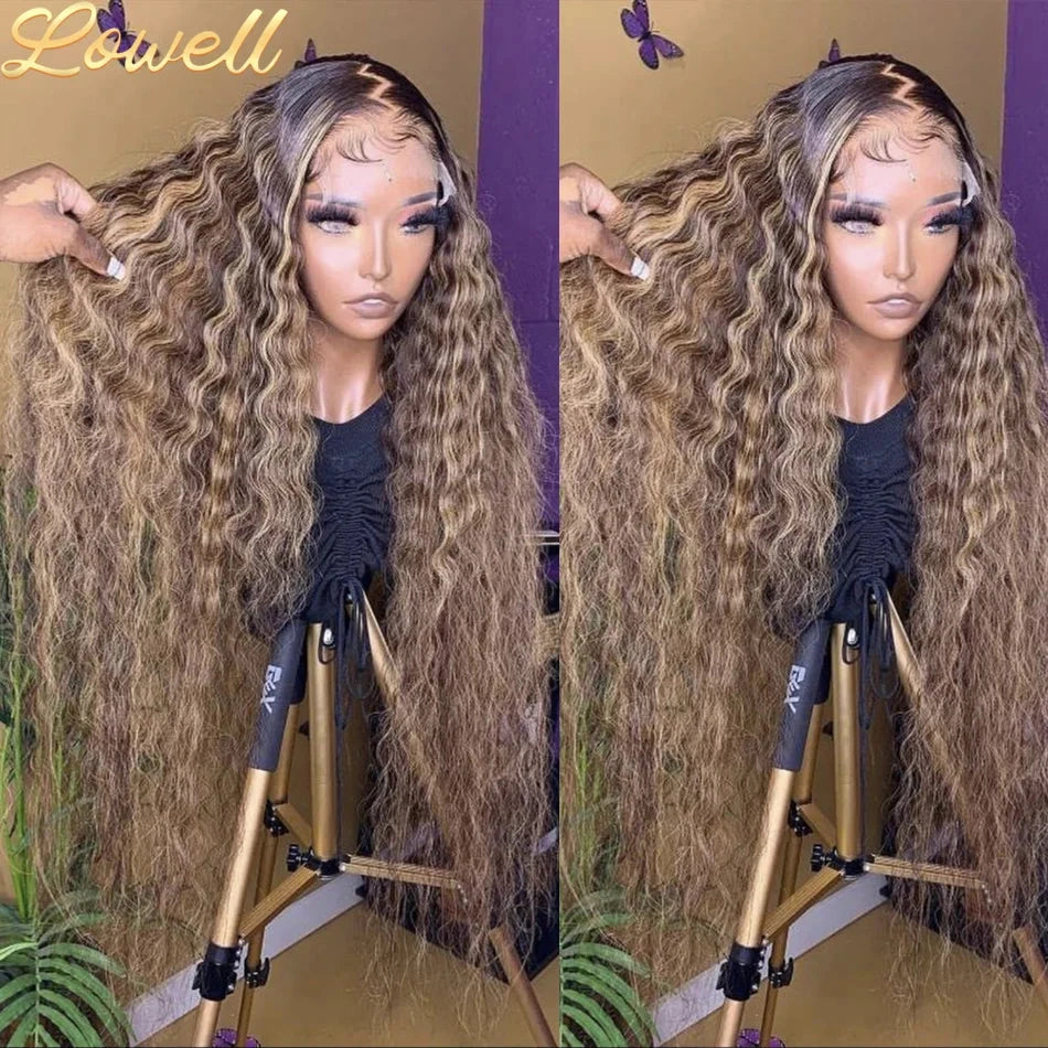 200 High Density Deep Wave Highlight 13x4 13x6 HD Lace Frontal Water Wave Wig Brazilian 100% Colored P4/27 Curly Human Hair Wigs Lowell Lace Wig Store 1105062522