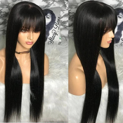 3x1 Middle Part Lace Wig Straight Human Hair Wig With Bangs 100% Human Hair Wigs For Women Brazilian Full Machine Made Wig Finros Wig Store 1103412007