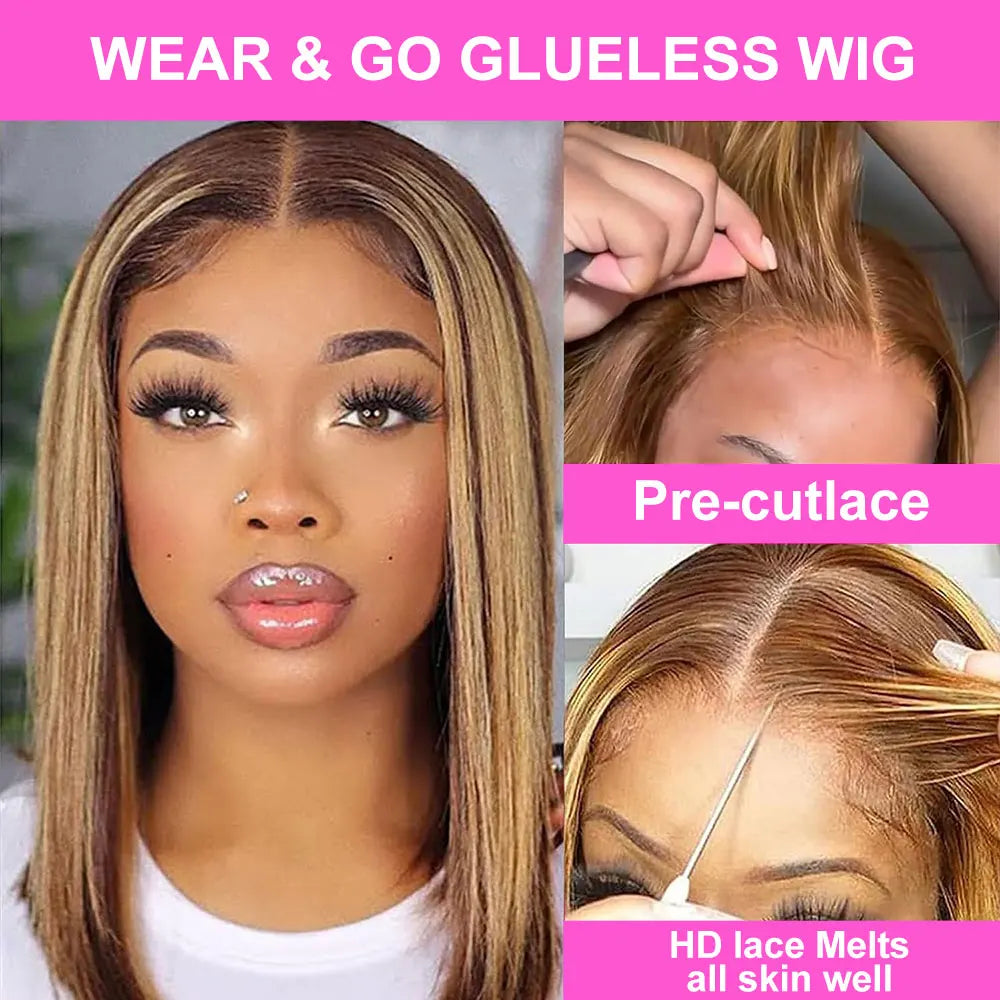 Highlight Wear Go Glueless Human Hair Straight Short Bob Wig P4/27 Colored 7x5 13x4 HD Lace Frontal Glueless Wigs Ready to Wear Store name Classyhair Store Store ID 1103578707